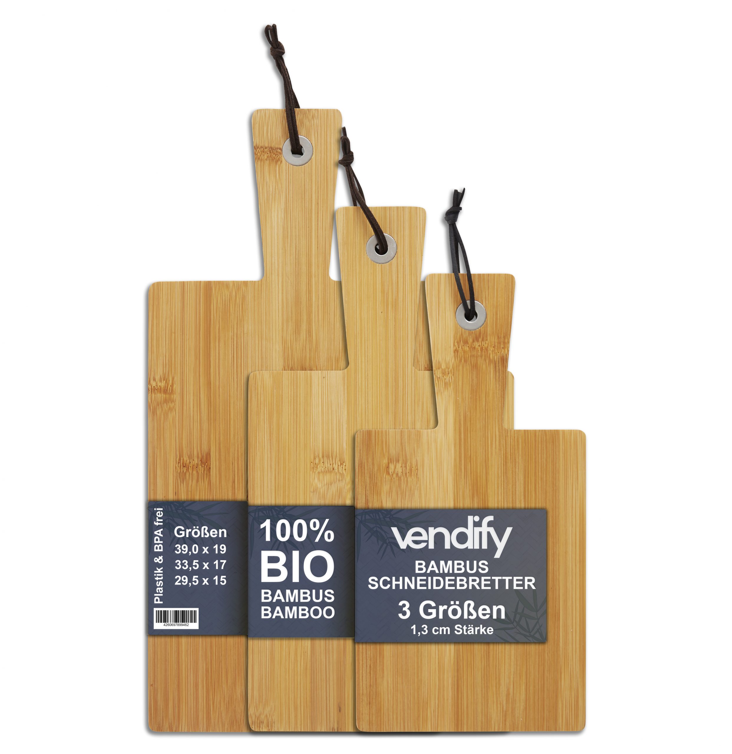 3er Set Premium Schneidebrett Bambus mit Griff - vendify